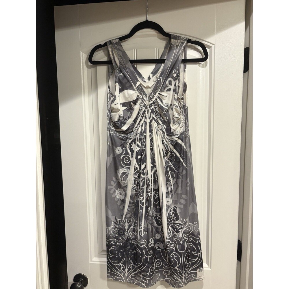 Boston Proper Gray and White V-Neck Embellished Sleeveless Dress- M